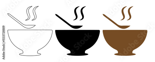 bowl of soup with spoon comfort food icon set outline  black silhouette and color vector illustration