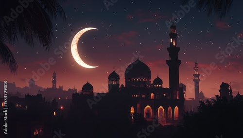 A mosque at night with the moon in view, showcasing an Islamic Ramadan background design.