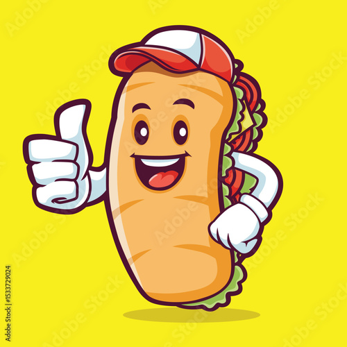 Happy Sub Sandwich Mascot Vector Character Thick Single Line Design.eps