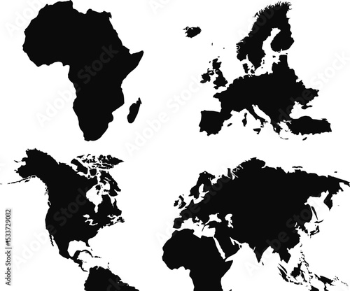 A set of black silhouettes of different world map outlines, showcasing the continents or regions individually, such as Africa, Europe, Asia, and the Americas. 