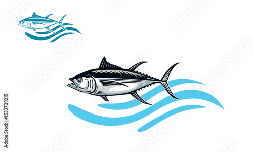 great wild tuna fish swimming in sea logo, silhouette of big fish moving in water vector illustrations
