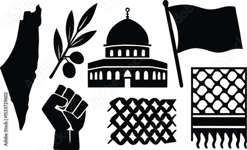 A set of black silhouettes representing iconic Palestinian symbols, such as the map, olive branch, or the Dome of the Rock. This collection captures cultural and historical elements of Palestine
