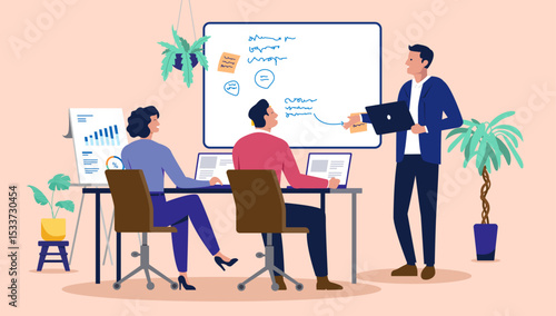 Business people having an office meeting, with a presenter standing by a whiteboard and colleagues working on laptops, engaging in a training session or strategic discussion. Flat design illustration