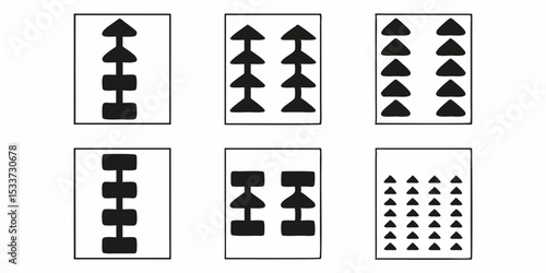 Collection of six distinct patterns within square frames featuring geometric shapes and vertical arrangements