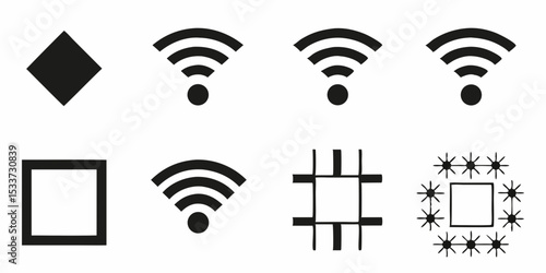 Geometric shapes including a diamond, square, wifi symbols, and a grid in a black and white design