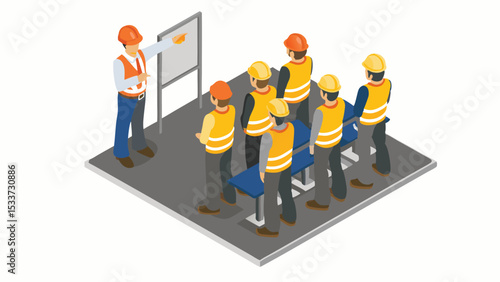 Isometric view of construction workers attending a safety briefing near a whiteboard and a blue bench