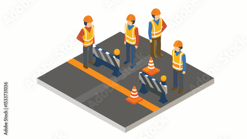 Isometric view of road construction workers with barriers and cones on a gray road surface area