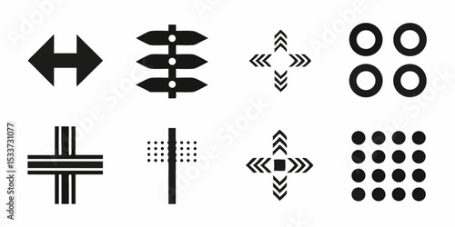 Illustration showing various navigational symbols and arrangements of circles and dots in black and white