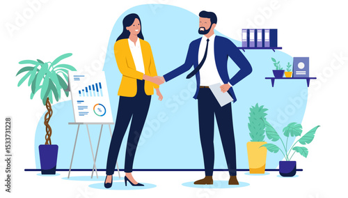 Two business people shaking hands in an office setting, symbolising a successful deal, partnership, or interview with a presentation board in the background. Flat design vector illustration