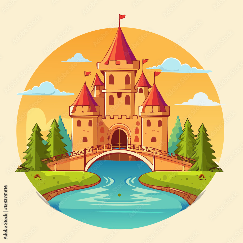 Fototapeta premium Medieval old gothic castle with a bridge, trees and village in the background
