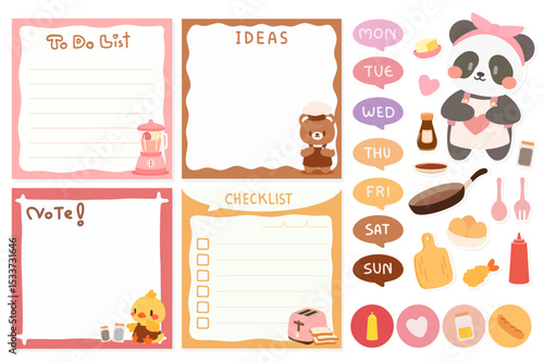 Kawaii Cooking Planner Notes and Checklist Set, Cute Vector Stationery. Cute Kitchen-Themed Memo Pad Templates, Weekly and To-Do List Clipart. 