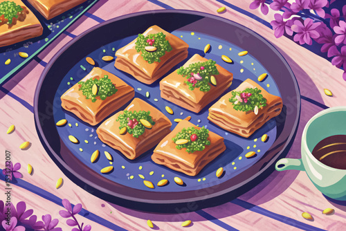 Turkish baklava with pistachios and honey syrup traditional Middle Eastern dessert, sweet layered pastry in golden color, rich and flaky