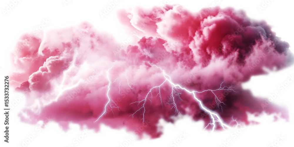Fototapeta premium Pink storm clouds with lightning isolated on a white background png