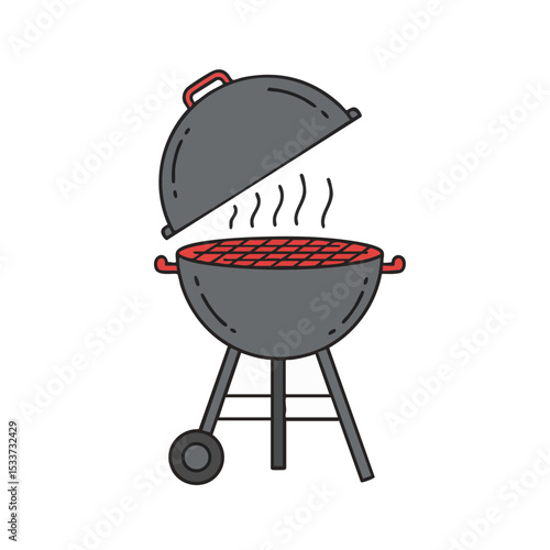 Flat Open BBQ Grill Icon with Smoke, Summer Cookout