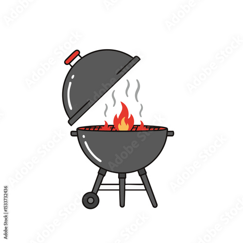 Flat Open BBQ Grill Icon with Smoke, Summer Cookout