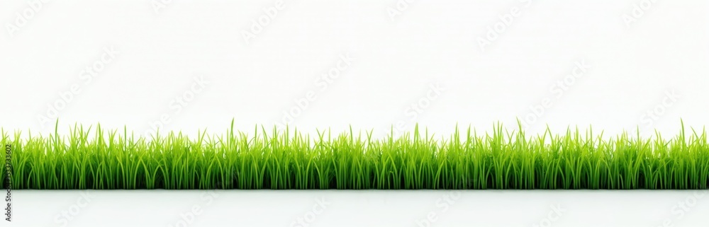 Obraz premium Close-up of rich green grass against clean white background. Fresh vivid green grass. Perfect for nature eco projects. Ideal for design, advertising, product presentation. Green grass on ground.