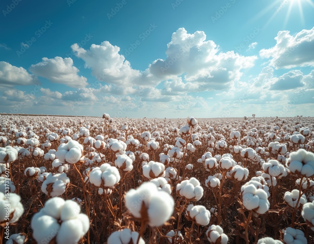Fototapeta premium Vast cotton field under blue sky with clouds. White fluffy cotton bolls ready for harvest. Agriculture, rural landscape, farming, textile industry, nature, eco-friendly.
