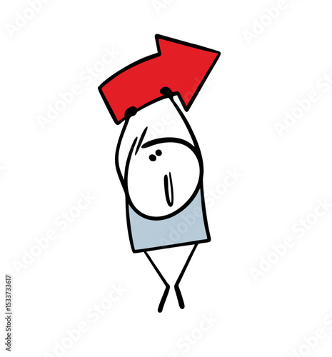Cartoon funny man draws attention to important information by holding a large red arrow over his head. Vector illustration of doodle stickman and the direction to the right, the turn sign.