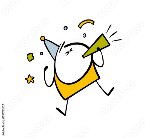 Funny cartoon child is celebrating his birthday. dancing, jumping and blowing a pipe. Vector illustration of a holiday, birthday or corporate party.