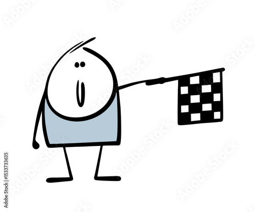 Cartoon stickman stands at the finish line and waves a checkered flag. Vector illustration of a man and a sports competition, a race of racing cars.