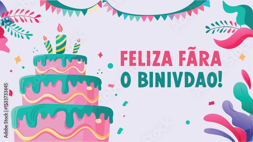 Illustration of a three tier birthday cake with candles and festive decorations saying happy birthday