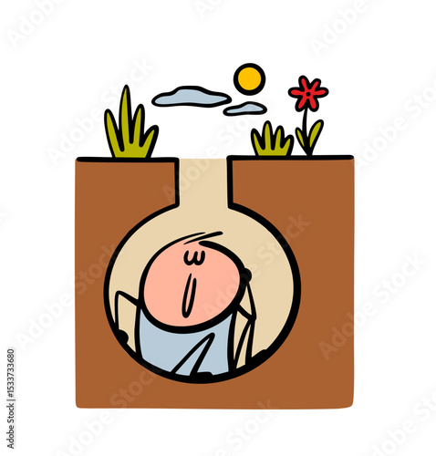 Funny cartoon stickman is hidden deep underground. Vector illustration of a boy sitting in a hole. Doodle cozy home for an animal. Isolated character on white background.