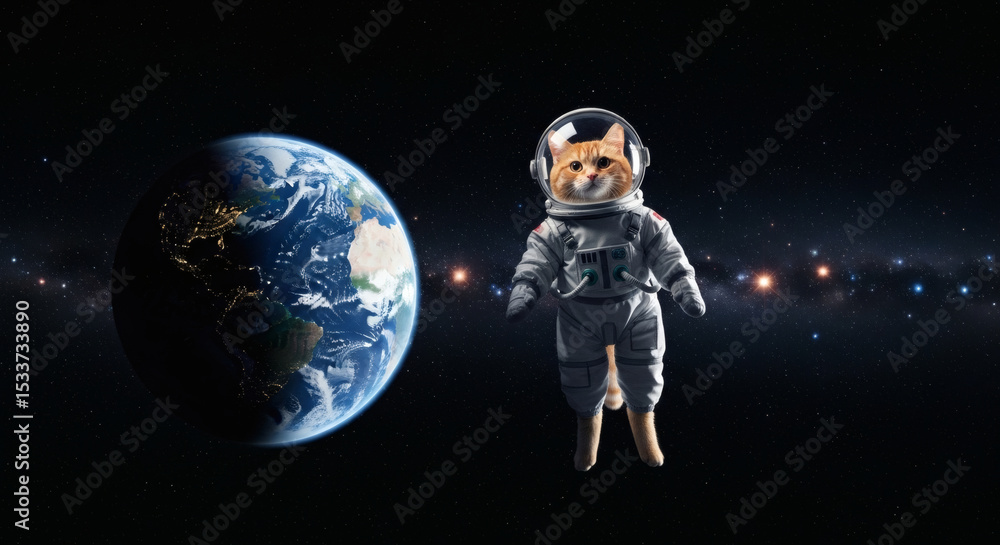 Naklejka premium Cat Astronaut Exploring the Universe Above Earth, Digital Art, Cosmic Environment, Playful Concept