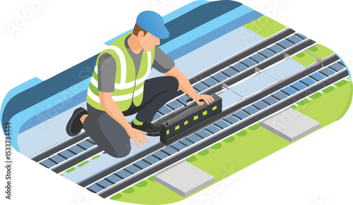 A worker in safety vest inspecting solar panels on a rooftop with a tool box in an isometric view