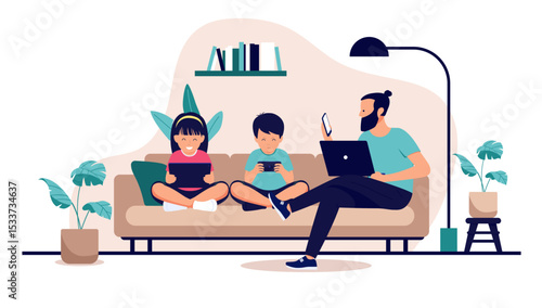 Family looking at screens - Father using a laptop and phone, and two children engaging with devices, depicting modern digital lifestyle and screen time at home. Flat design vector illustration