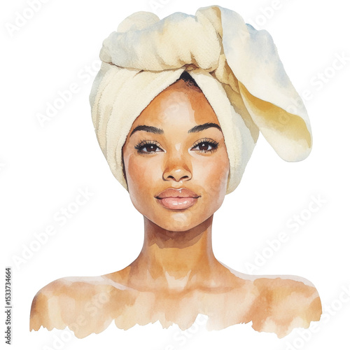 Beautiful woman with towel on her head, showcasing natural beauty and elegance
