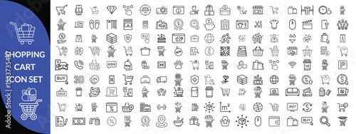 Shopping cart icon set. E-commerce and Shopping line editable icon set. Contains icons related to mobile shop, shopping cart, testimonials, shipping and delivery, fashion and more. Editable stroke