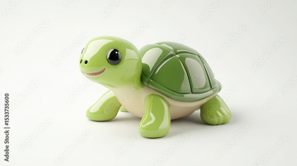 Fototapeta premium Adorable cartoon turtle figurine in cheerful green hues, a delightful addition to any space. Its glossy finish and cute features make it a charming decorative piece.