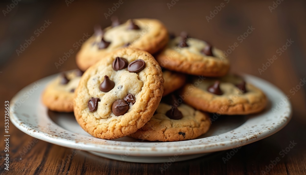 Pile of delicious chocolate chip cookies on white plate. Freshly baked sweet dessert with chocolate chips. Tasty snack or breakfast treat. Ideal for cafe, restaurant or home use. Culinary concept. Pile of delicious chocolate chip cookies on white plate. Freshly baked sweet dessert with chocolate chips. Tasty snack or breakfast treat. Ideal for cafe, restaurant or home use. Culinary concept.