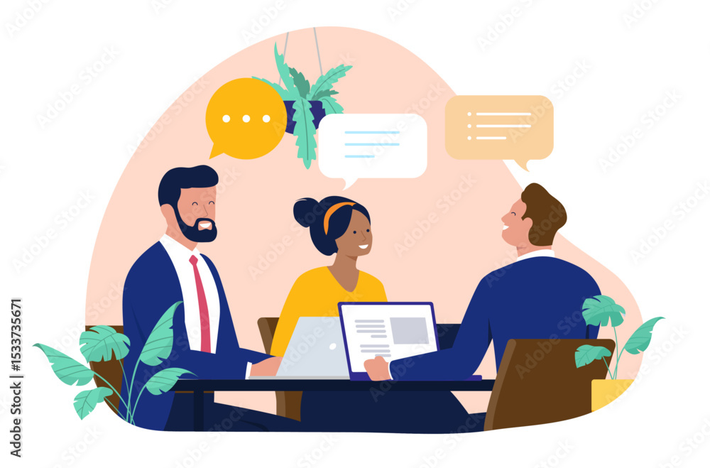 Diverse business people professionals in a meeting, engaging in discussion and collaboration around a table with speech bubbles, signifying communication and teamwork. Flat design vector illustration Diverse business people professionals in a meeting, engaging in discussion and collaboration around a table with speech bubbles, signifying communication and teamwork. Flat design vector illustration