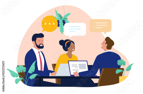 Diverse business people professionals in a meeting, engaging in discussion and collaboration around a table with speech bubbles, signifying communication and teamwork. Flat design vector illustration