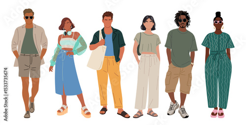 Diverse men and women in summer street fashion outfits. Casual trendy clothing styles, standing full length, Vector set isolated on transparent background. Perfect for fashion and lifestyle designs