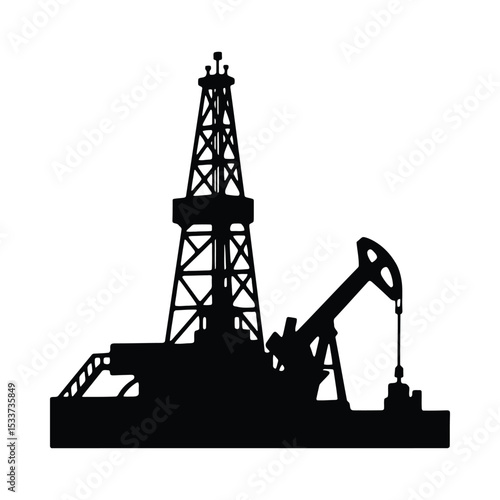 Oil drilling rig silhouette petroleum industry pumpjack extraction energy production fossil fuel resource black vector illustration