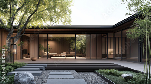 Modern Chinese Minimalist Villa with Glass Facade and Zen Garden Landscape
