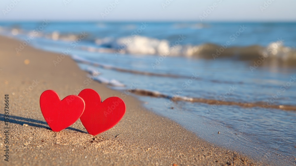Two red hearts on the beach Two red hearts on the beach