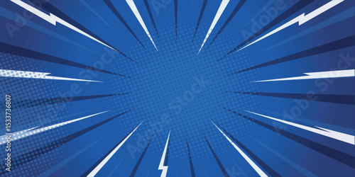 Dynamic blue comic book background with halftone dots and radial speed lines. Perfect for pop art themes, superhero posters, or action design elements