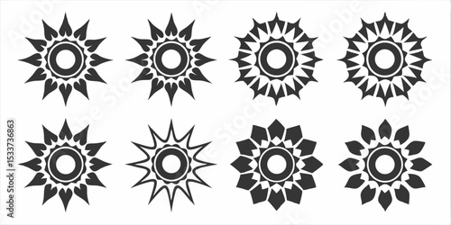 Collection of eight floral starburst designs with unique petal shapes and circular center patterns