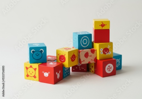 Colorful wooden toy blocks stacked on a white surface with various animal and geometric designs printed on them