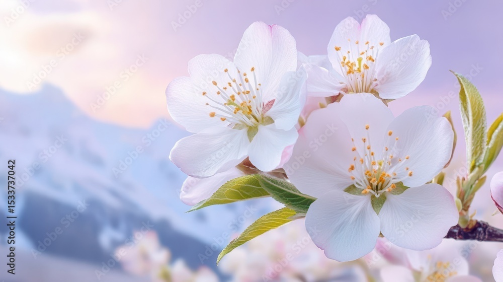 Obraz premium Cherry Blossom Dreamscape: Delicate cherry blossoms bloom in a soft-focus embrace against a stunning mountainous backdrop. This idyllic scene evokes tranquility and natural beauty.