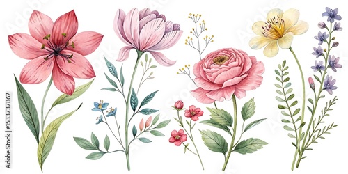 Set of beautiful flower, Watercolor collection of hand drawn flowers, Botanical plant illustration