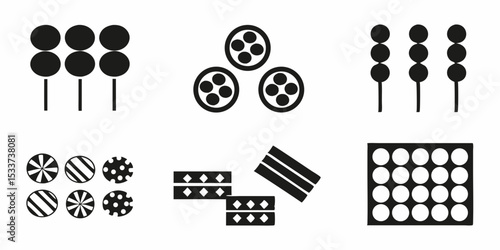 Illustration of various food items including skewers, patterned candies, and arranged circles design