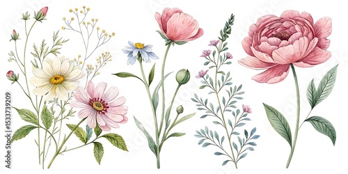 Set of beautiful flower, Watercolor collection of hand drawn flowers, Botanical plant illustration