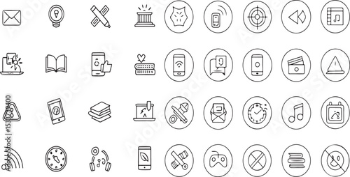 Digital detox line icon set. Unplug, no phone, no Wi-Fi, no internet, offline, turn off, computer refusal, reading, walk, live communication. Outline icon in linear style. Vector collection.