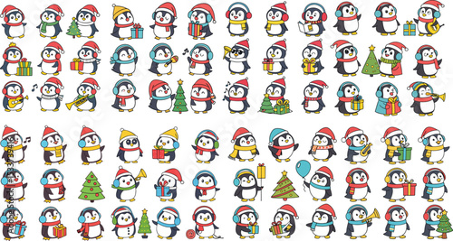 Festive Cartoon Christmas Penguins Set Cute Chubby Penguins in Holiday Outfits with Gifts Trees and Decorations on Light Teal Background