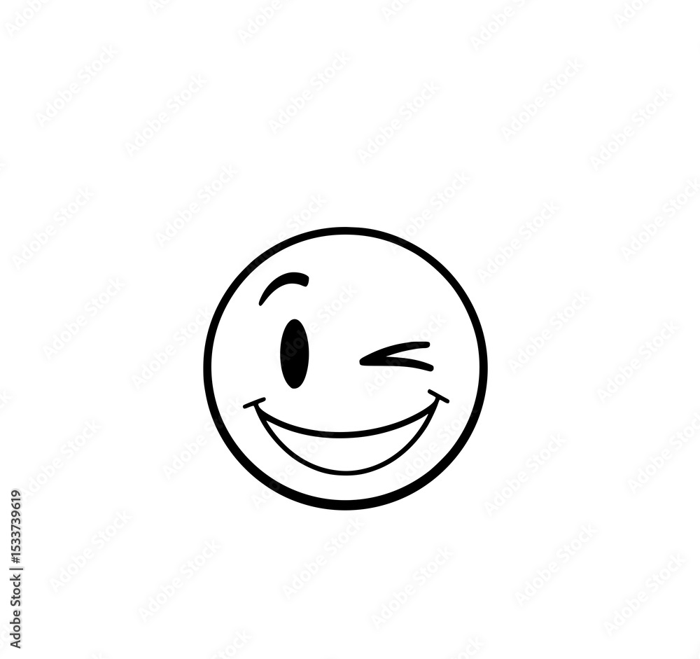 Fototapeta premium Winking Smiley Face: A playful monochrome line art illustration of a cheerful smiley face winking mischievously, perfect for design projects.