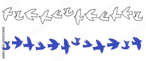飛んでいる鳥のシルエットセット（白と青）ベクター素材｜飛ぶ,鳥,シルエット,ベクター,飛行,自由,群れ,黒背景